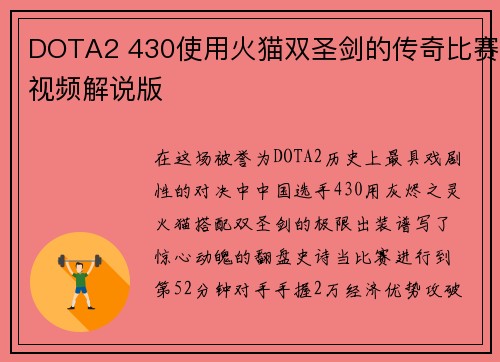DOTA2 430使用火猫双圣剑的传奇比赛视频解说版