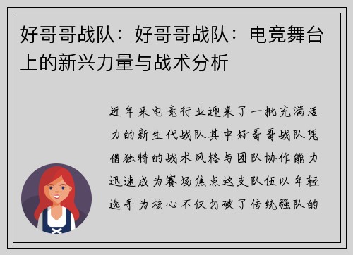 好哥哥战队：好哥哥战队：电竞舞台上的新兴力量与战术分析