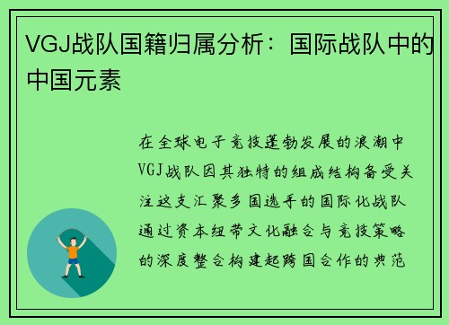 VGJ战队国籍归属分析：国际战队中的中国元素
