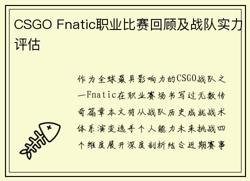 CSGO Fnatic职业比赛回顾及战队实力评估